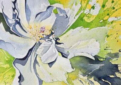 Aquarellbild einer Pfingstrose in expressiven Gelb- und Grüntönen